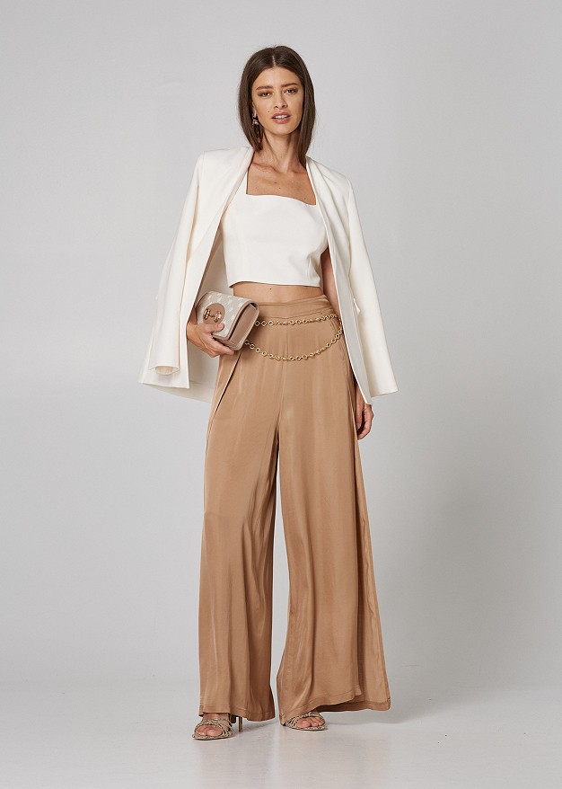 High rise trousers with side cuts and satin look