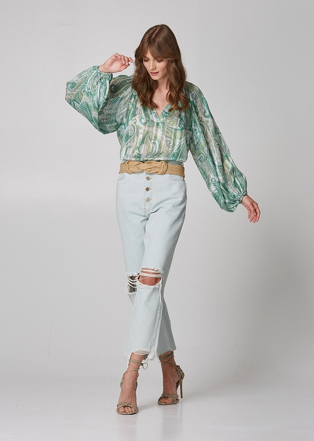 Long sleeve blouse with paisley print and lurex details