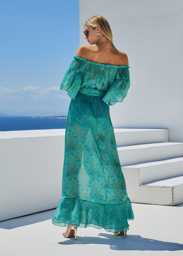 Maxi off shoulder dress with paisley print