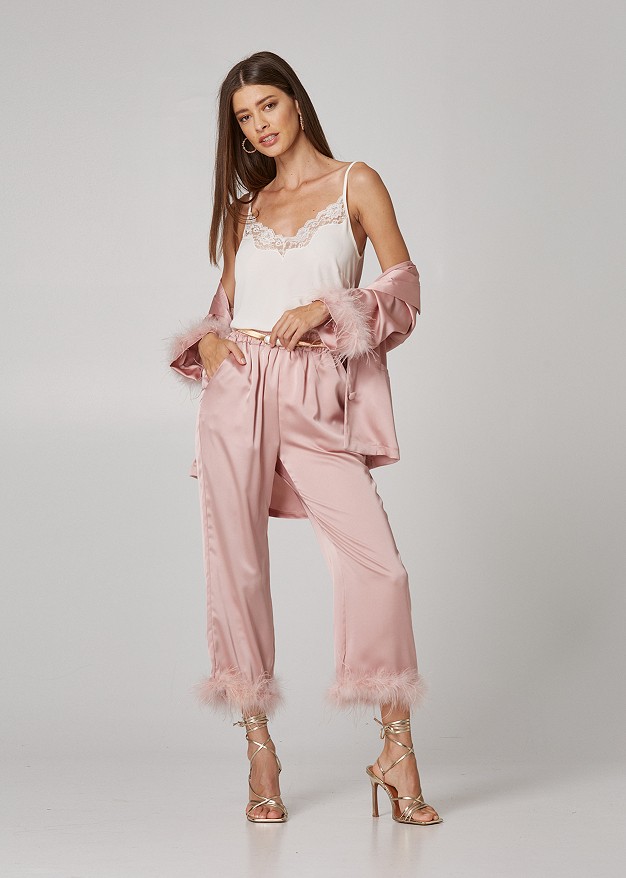 Satin look trousers with decorative feathers