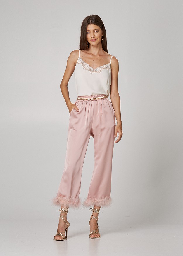 Satin look trousers with decorative feathers