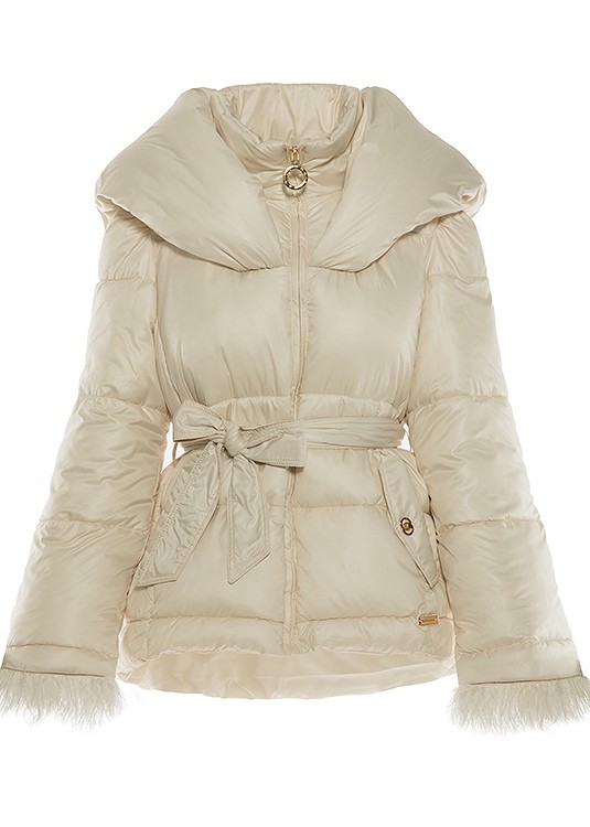 Puffer jacket with oversized hood and feathers