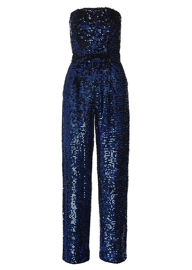 Velvet sequins strapless jumpsuit in royal blue