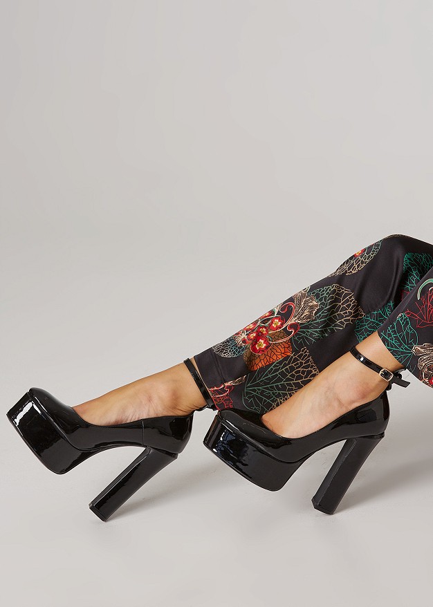 High heeled, patent leather platform