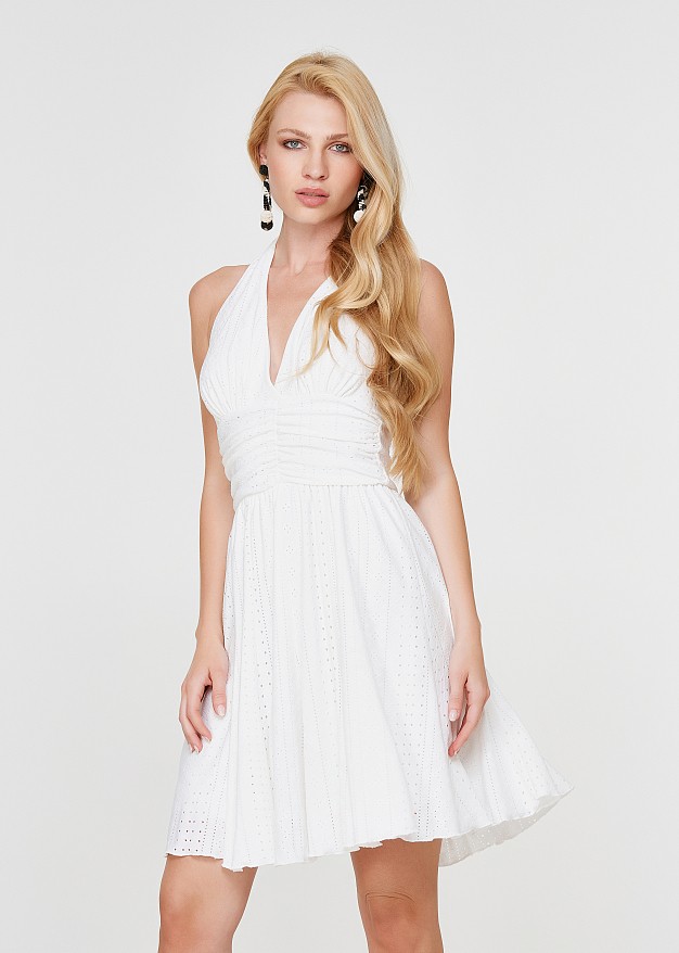 Mini halter neck dress in broderie anglaise lace