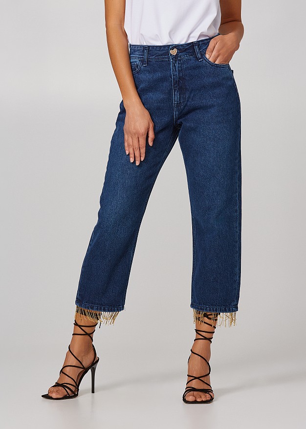 Straight leg jeans with decorative strass