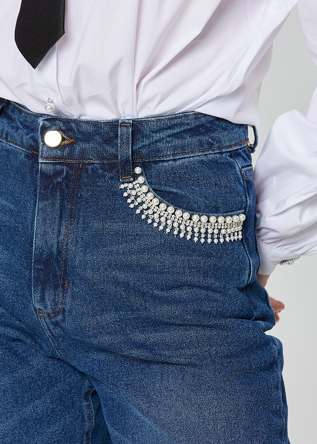 Mom fit jeans with pearls and rhinestones