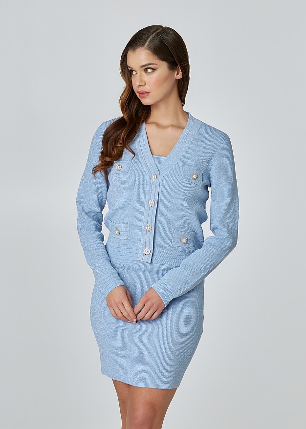 Lurex knitted cardigan with golden pearls buttons