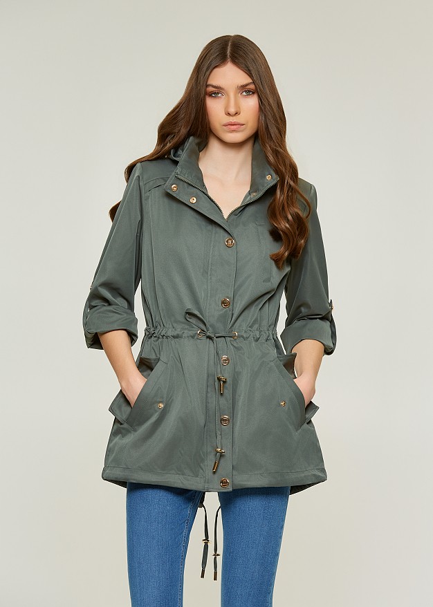 Hooded parka with high neck