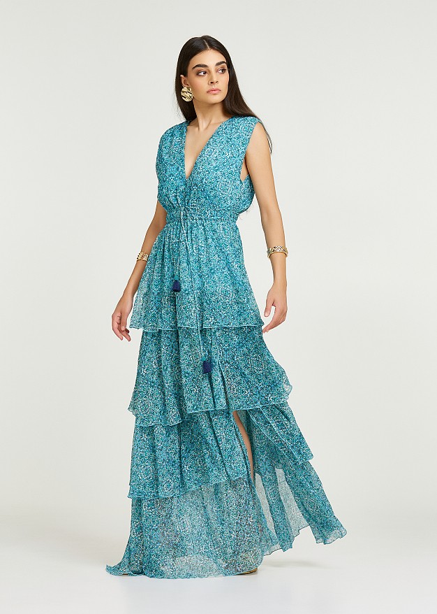 Maxi printed dress with with v-neckline and ruffles