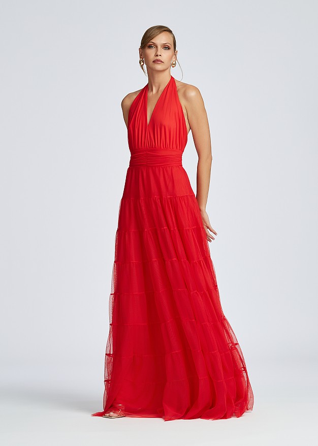 Maxi halter neck dress with tulle