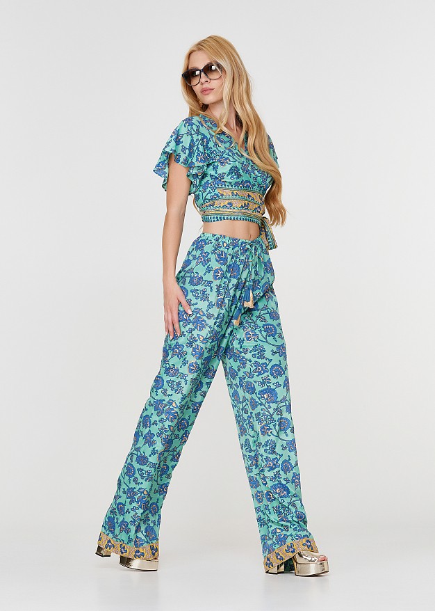 Printed pants in satin look with foil
