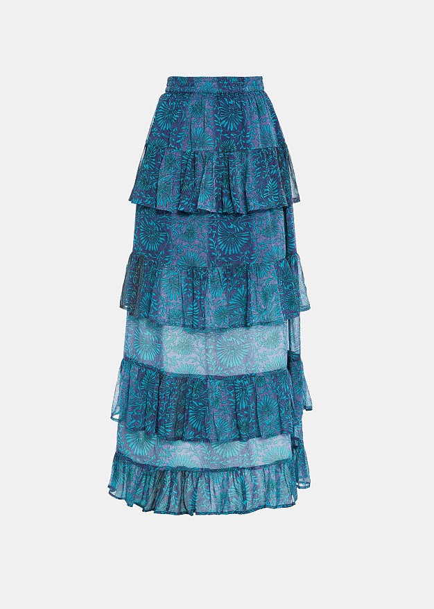 Μάξι εμπριμέ φούστα με βολάν σε μπλε χρώμα