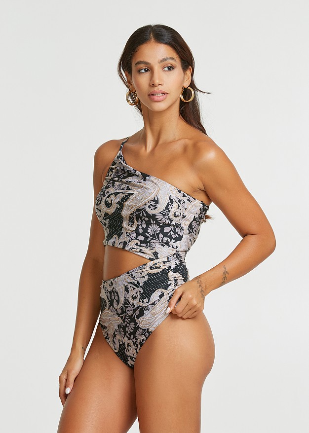 One shoulder black printed swimsuit