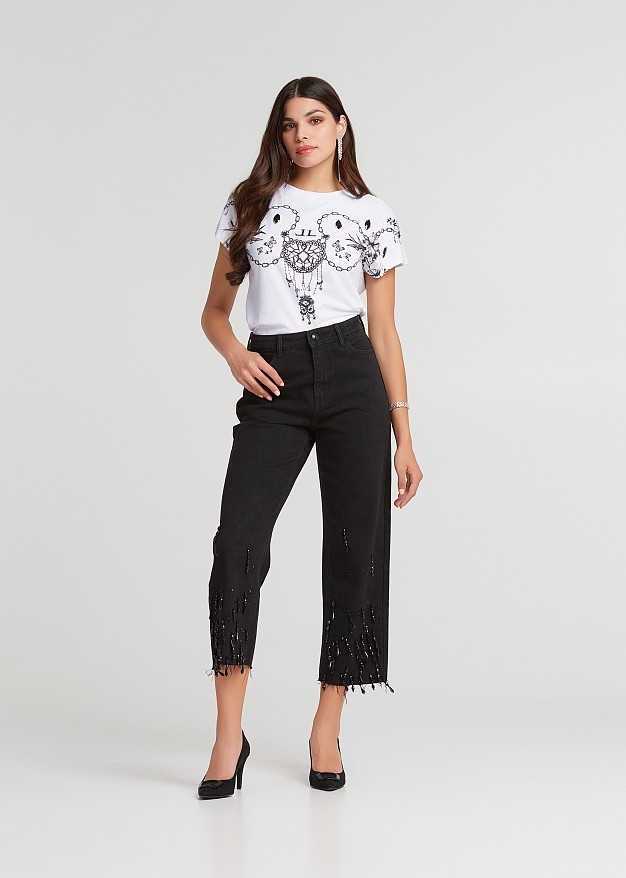 Embellished black denim pants