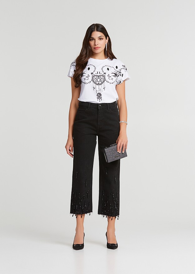 Embellished black denim pants