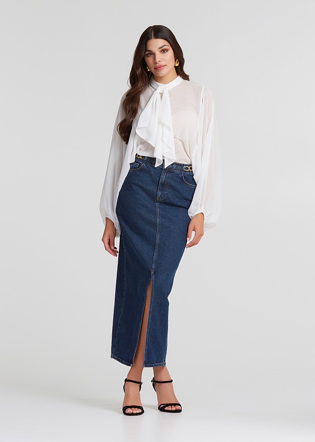 Midi denim skirt with front slit