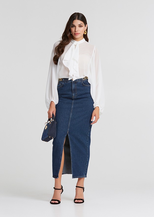 Midi denim skirt with front slit