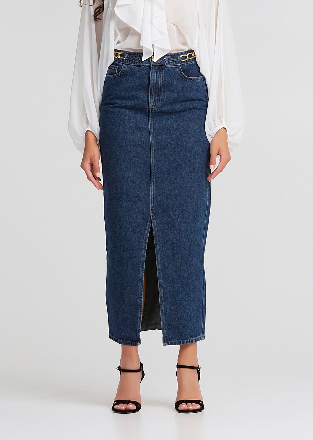 Midi denim skirt with front slit