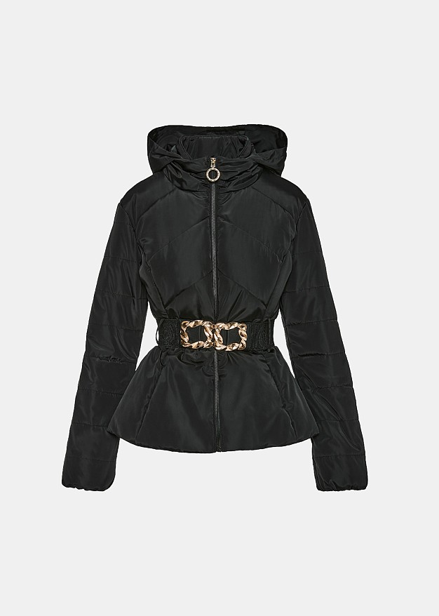 Short puffer jacket with a belt