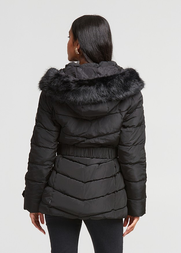 Mid length jacket puffer with faux fur hood