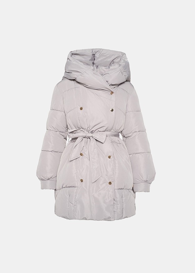 Mid length puffer jacket with bold hood