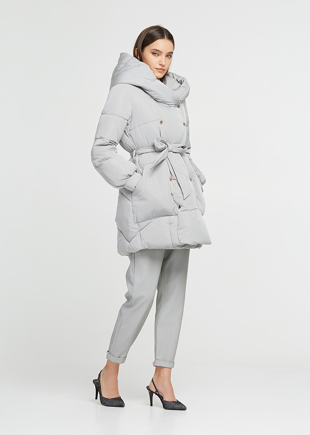 Mid length puffer jacket with bold hood