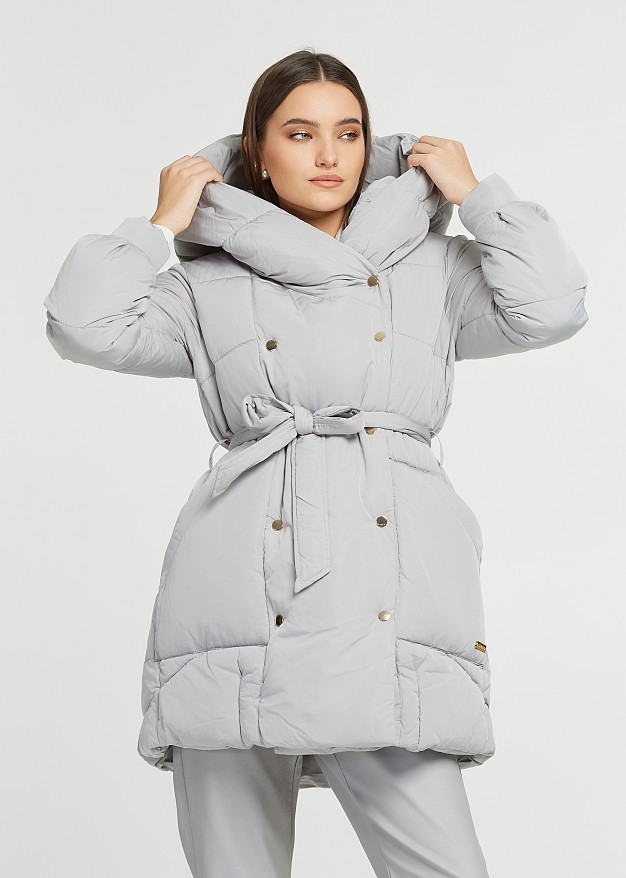 Mid length puffer jacket with bold hood