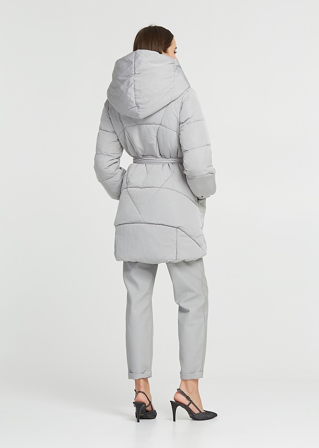 Mid length puffer jacket with bold hood