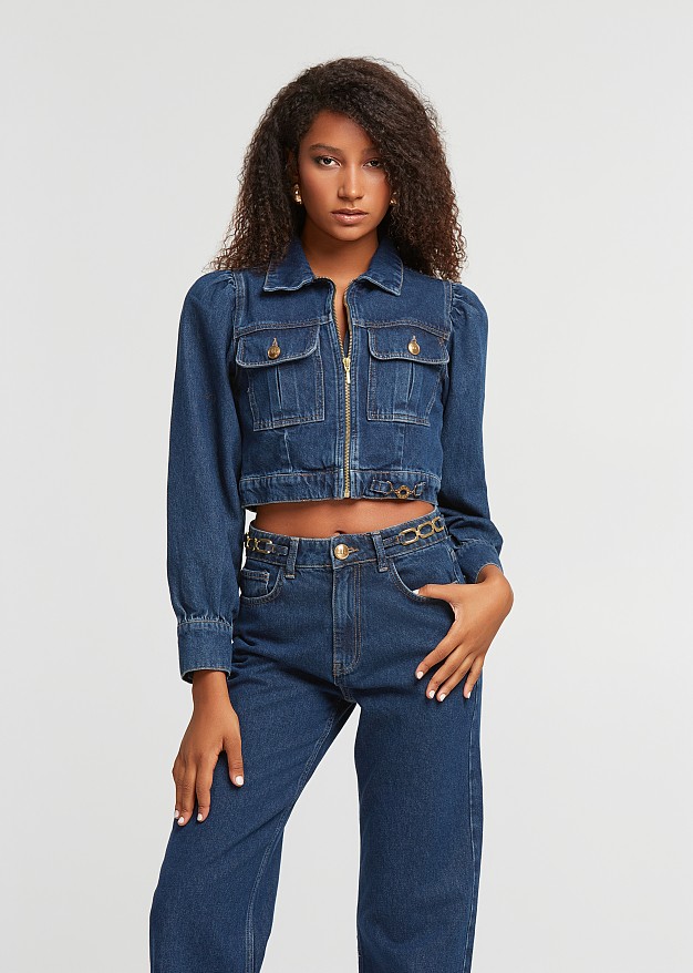 Jachetă crop denim cu buzunare