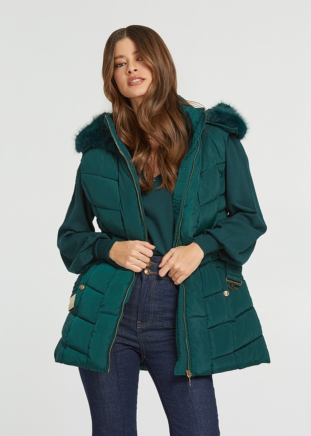 Mid length puffer vest with hood