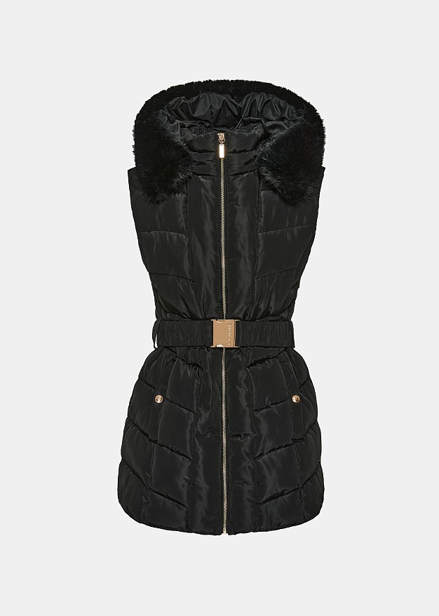 Mid length puffer vest with hood