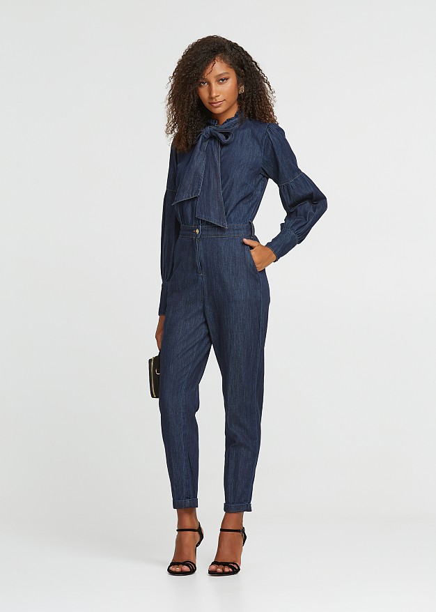 Denim jumpsuit with a high neck closure