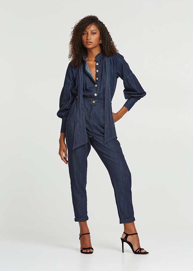 Denim jumpsuit with a high neck closure