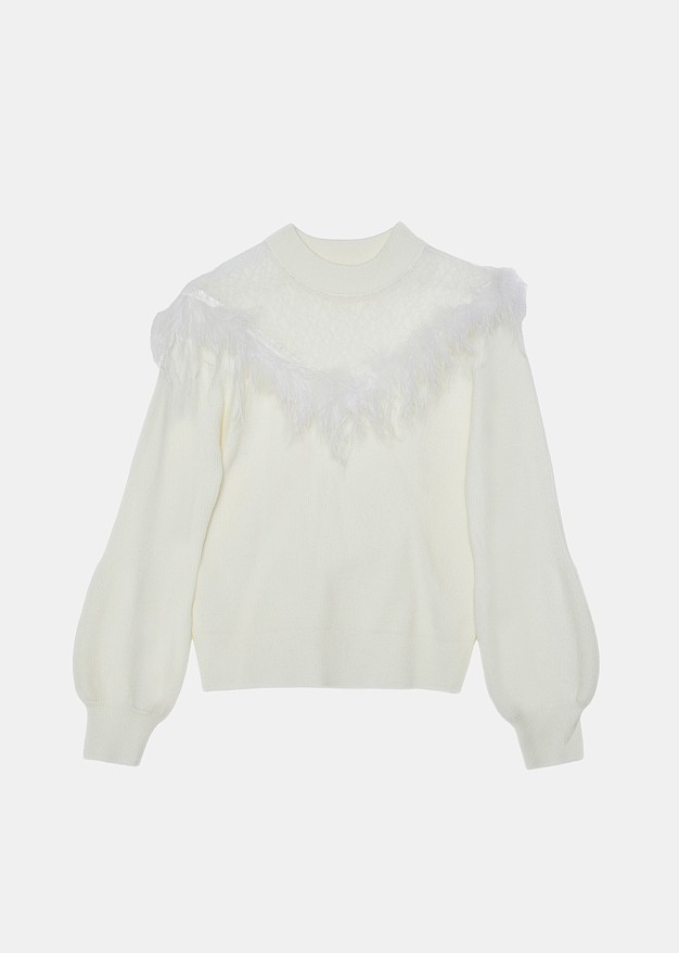 Kintted blouse with transparency and feathers