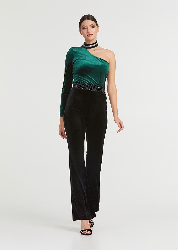 One- shoulder top in velvet look