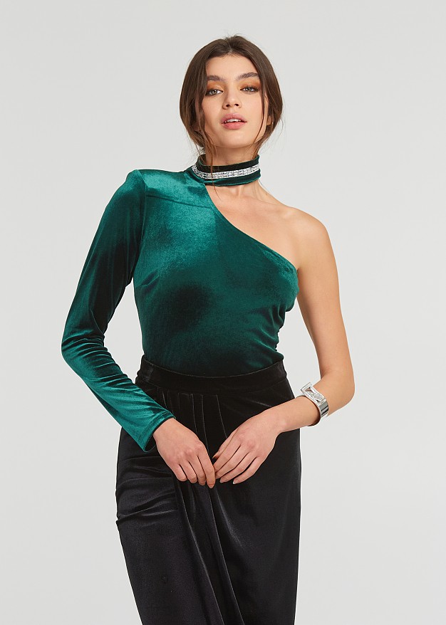 One- shoulder top in velvet look