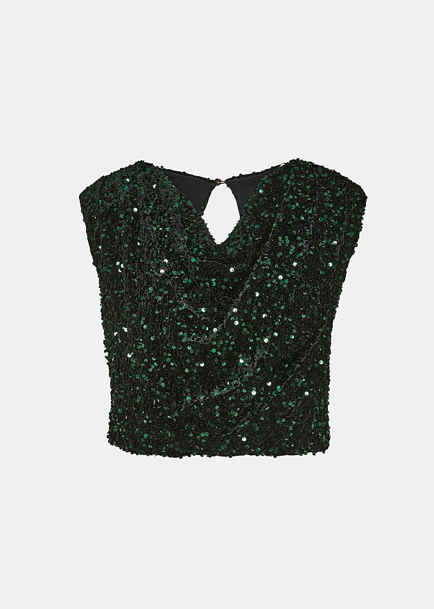 Sequin top with a draped neckline