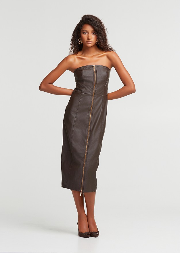 Midi strapless dress in leather look