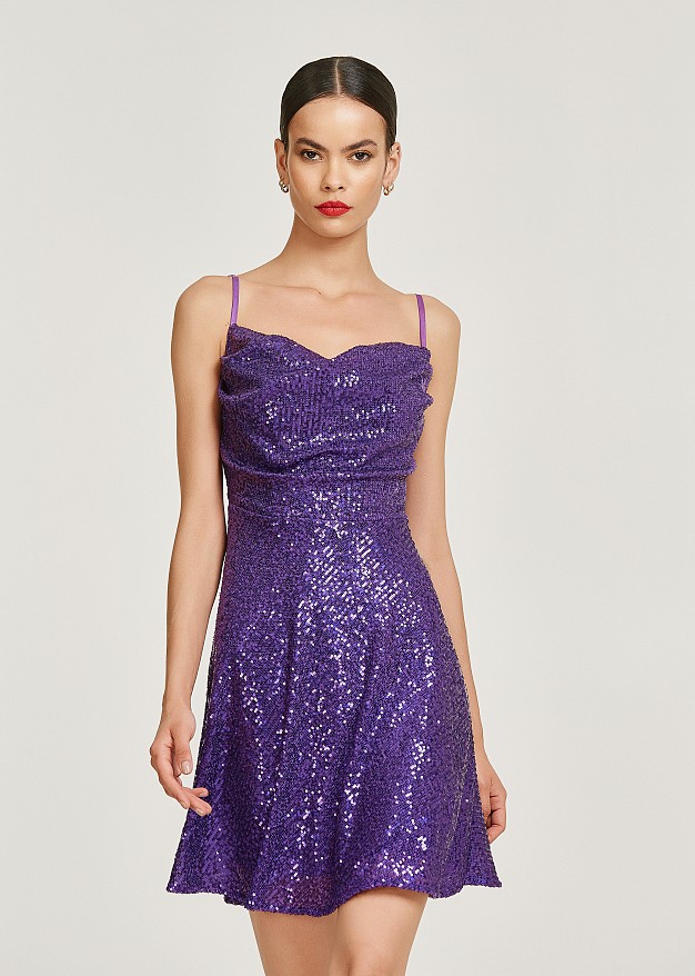 Sequined mini, cowl neck dress