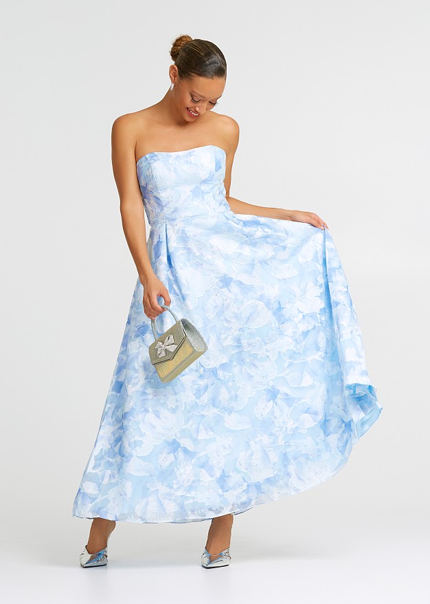 Printed strapless cloche dress