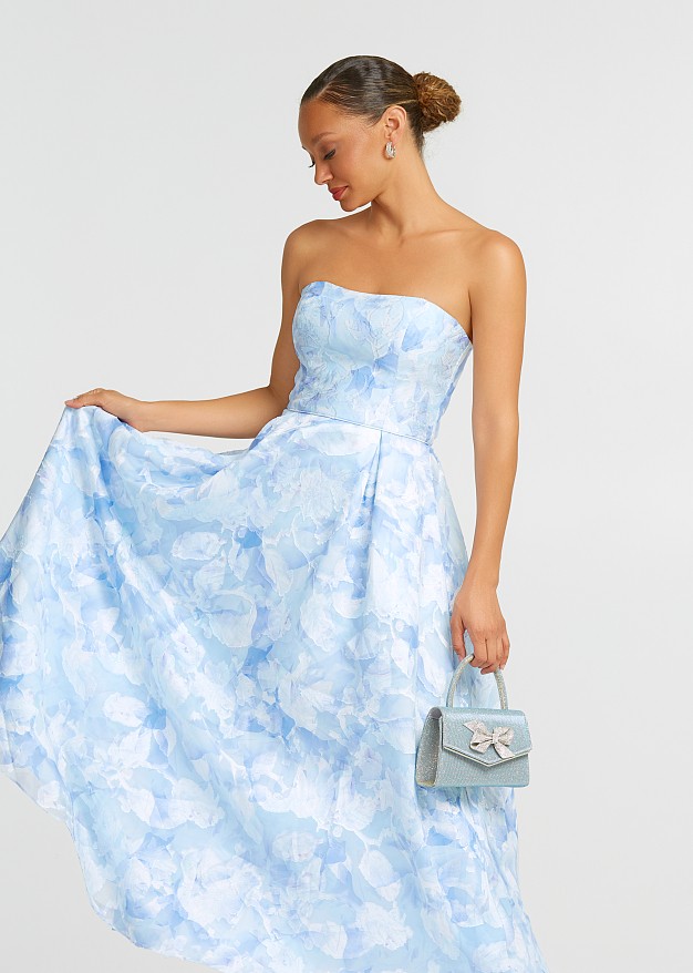 Printed strapless cloche dress