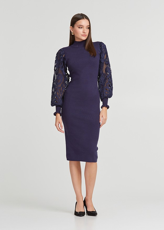 Midi dress with guipure lace sleeves