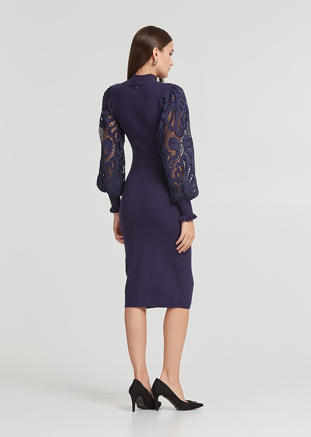 Midi dress with guipure lace sleeves