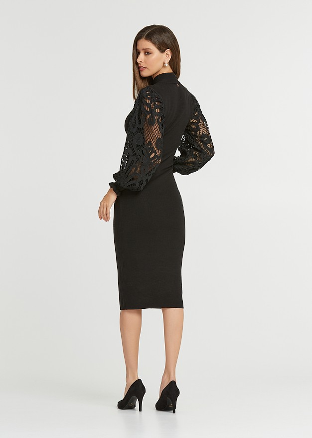 Midi dress with guipure lace sleeves