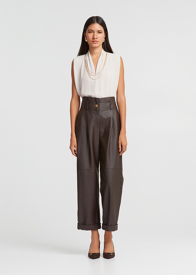 High waisted baggy pants in leather look