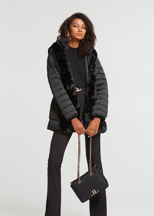 Quilted mid length jacket with faux fur