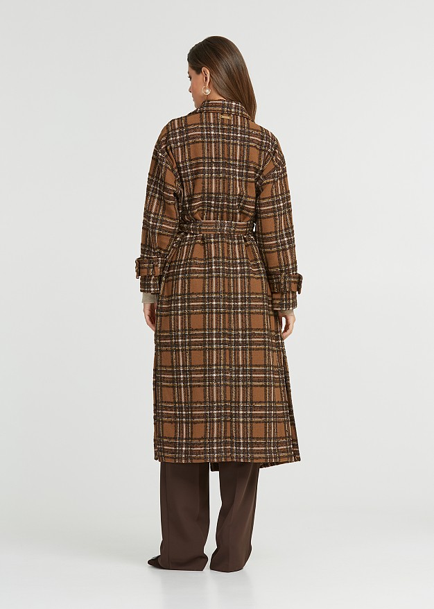 Longline tartan overcoat in brown