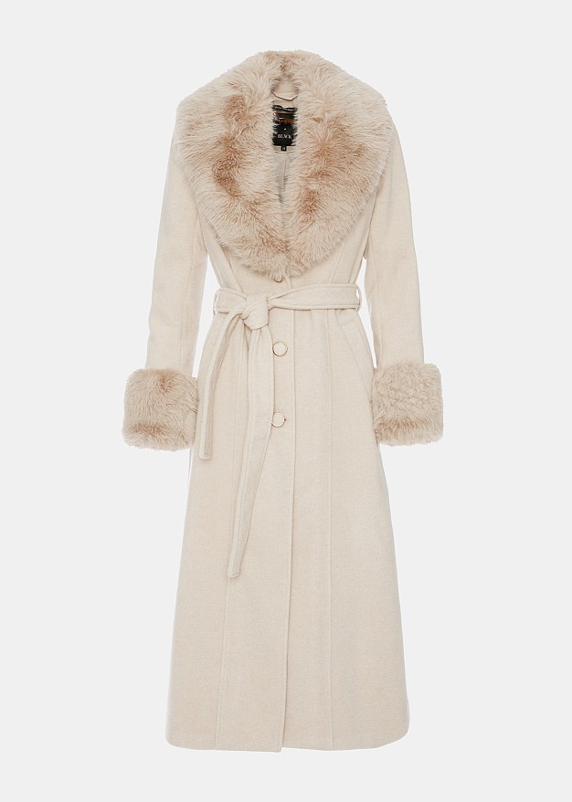 Longline wool coat with faux fur