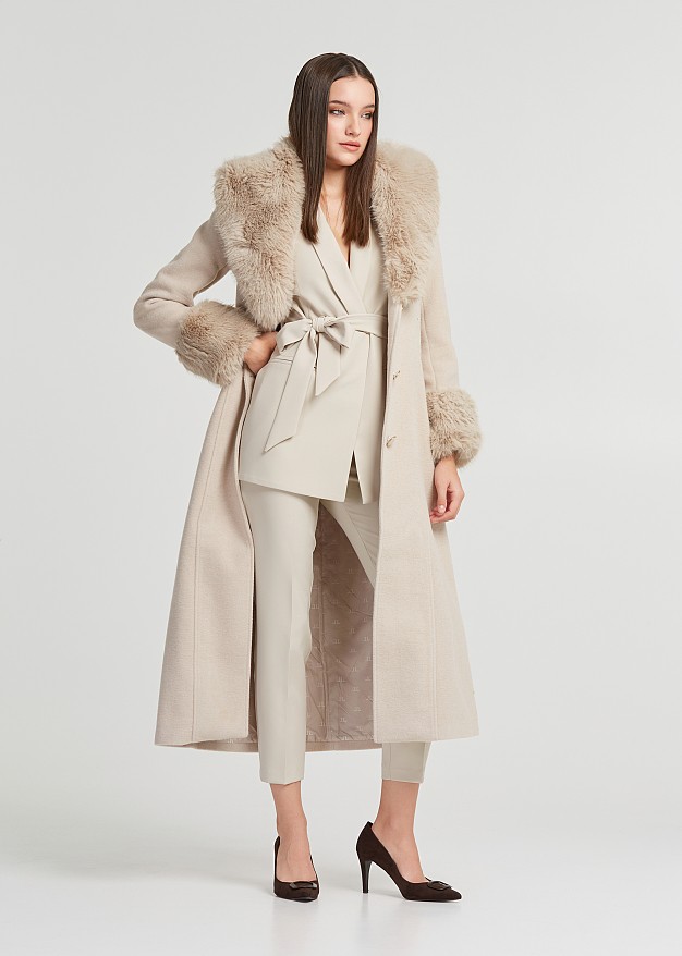 Longline wool coat with faux fur